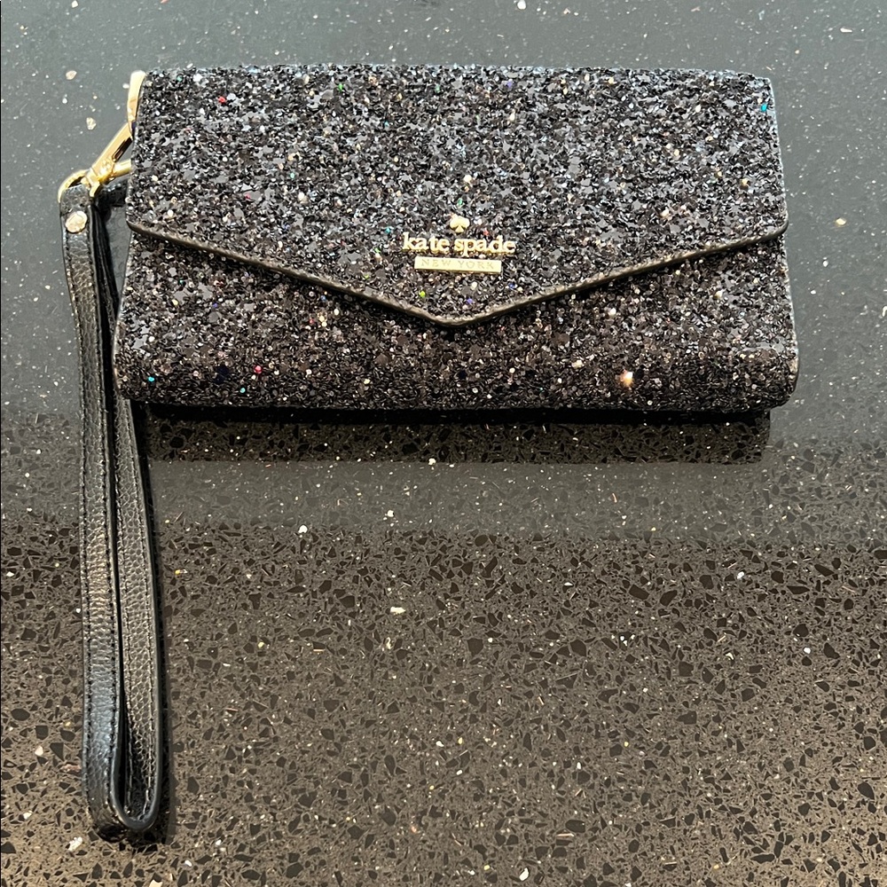 kate spade Laurel Way Black Glitter Envelope Wristlet with Multicolor Specks